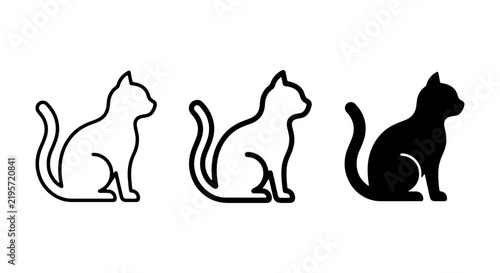 Sitting Cat Icons, Silhouette and Outline Vector Graphics, Pet Animal Symbols