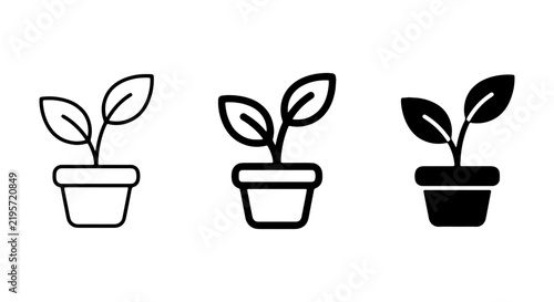 Potted Plant Icons: Simple Growth Symbols, Minimalist Seedling Graphics, Organic Outline & Solid Fill