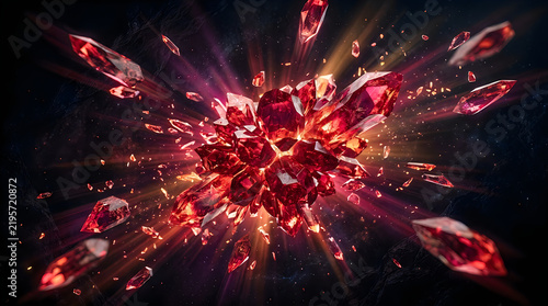 Exploding red crystals with radiating light during a cosmic event concept