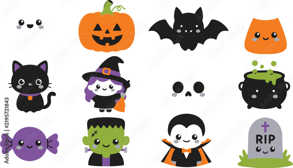 Obraz premium Cute Halloween Icon Set with Kawaii Characters and Objects