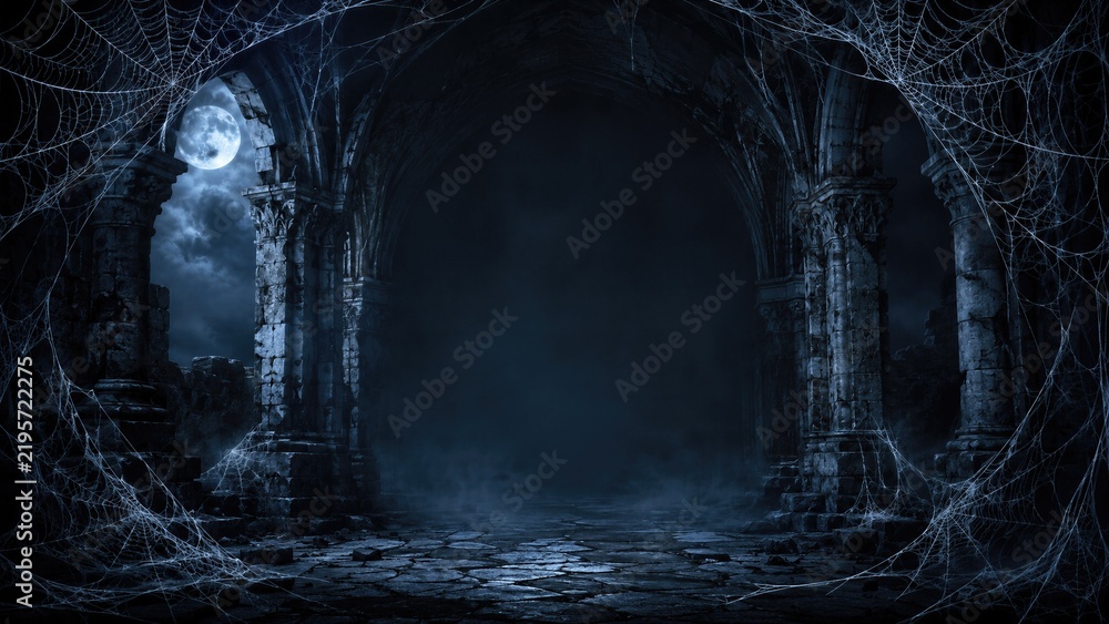 Naklejka premium Dark gothic castle interior with spider webs and full moon shining through window. Creepy abandoned ruins with stone columns and fog.