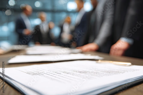 Businessmen review procedures through documents containing checkbox lists, rules of conduct concepts, rules and policies, company regulatory documents, terms and conditions. 