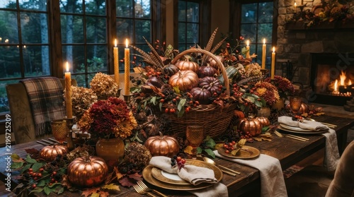 Elegant autumn dining table centerpiece with metallic pumpkins and warm candlelight for holidays
