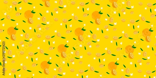 Seamless pattern illustration of orange fruit slices in flat design style isolated yellow background. cartoon doodle style for fabric, picture label, wallpaper, banner, poster.