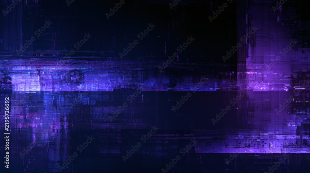 Obraz premium Abstract digital glitch art with glowing purple geometric shapes and dark background