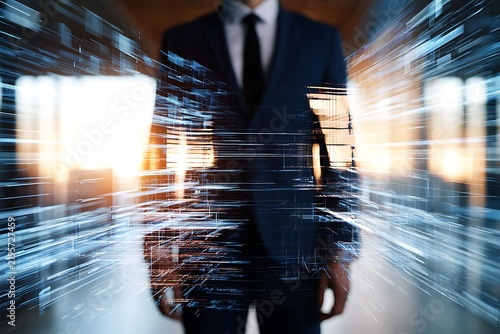 Businessman standing with digital data network overlay