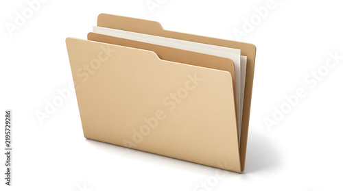 A single manila office folder containing white paper sheets on a white background.