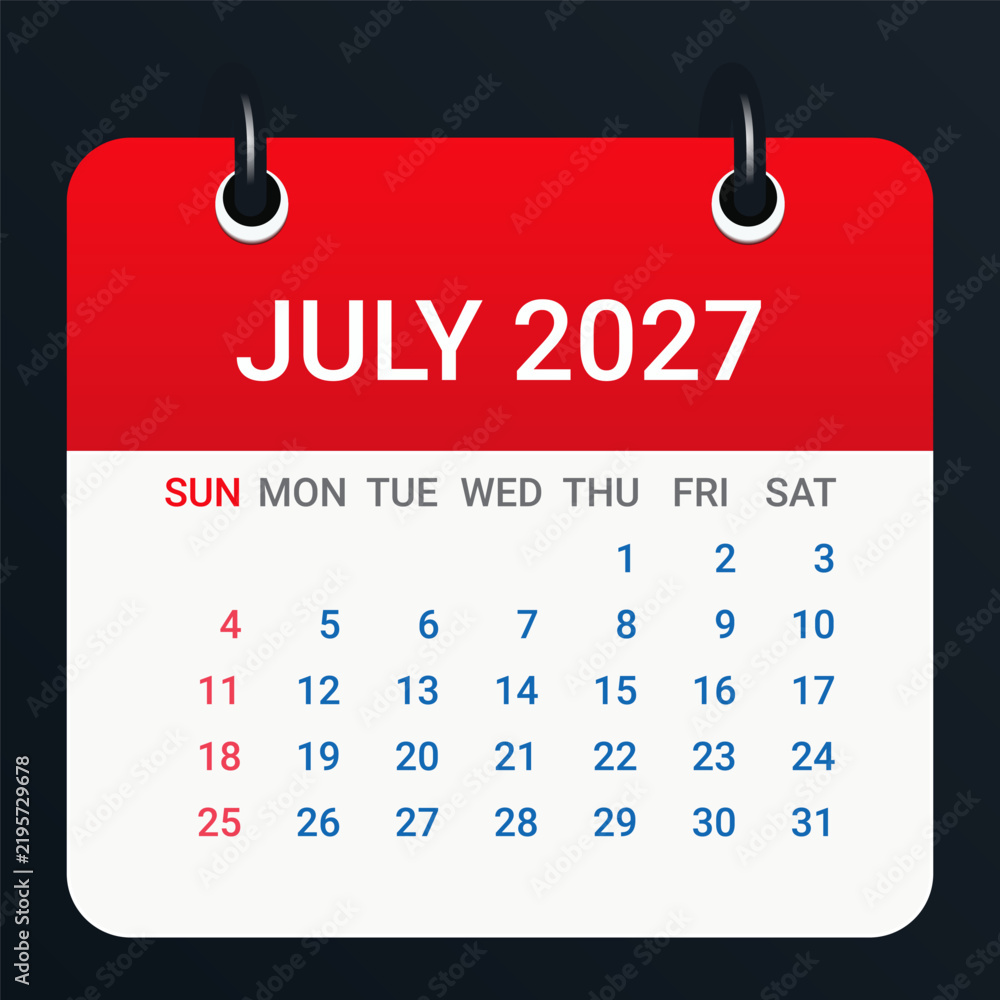 July 2027 Monthly Calendar Design with Bold Red Header, Date Layout and ...