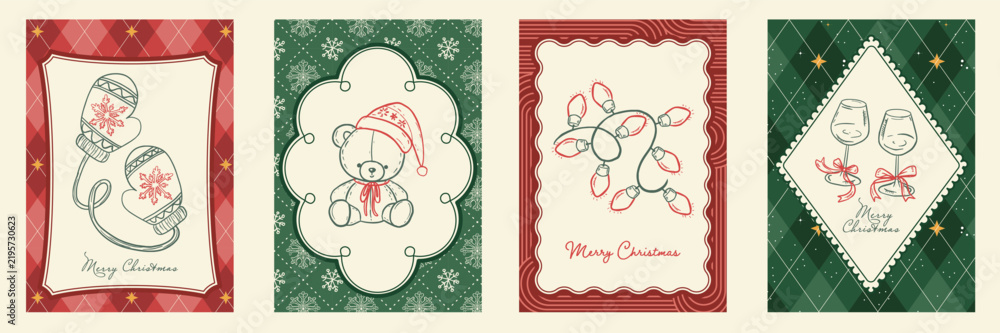 Obraz premium Vintage Christmas greeting card template set. Hand drawn line art on red and green plaid background. Classic festive vector illustration.