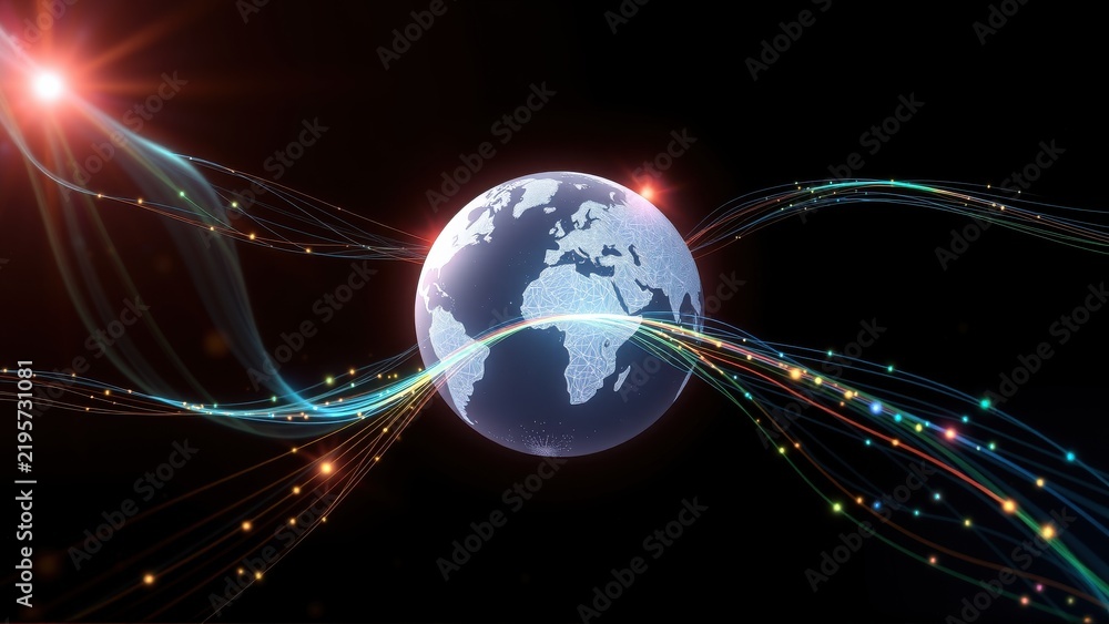 Fototapeta premium Planet Earth surrounded by glowing lines, representing connections. Bright star visible, dark background dominates image.