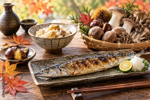 秋の味覚満喫の和食御膳 サンマの塩焼きと栗ご飯とキノコ籠盛りと日本酒