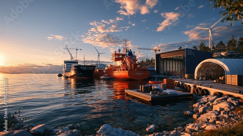 Scenic harbor at sunset with ships, cranes, wind turbines, and industrial buildings reflecting in calm water