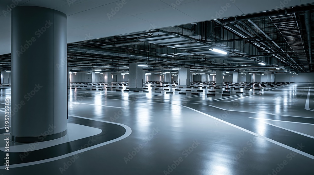 Obraz premium Modern Underground Parking Garage with Rows of Empty Car Spaces and Reflective Floor