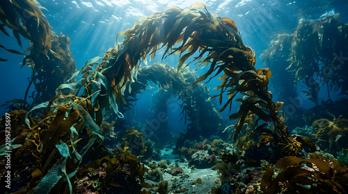 Sunlight Rays Through Underwater Kelp Forest Archway, Marine Life Ecosystem