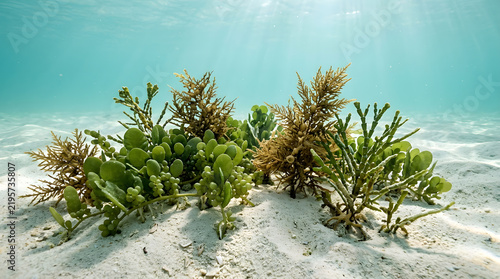 Underwater Seascape with Diverse Seagrasses on Sandy Seabed, Sun Rays