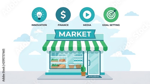 Flat vector illustration of a small market storefront with business strategy icons and copy space