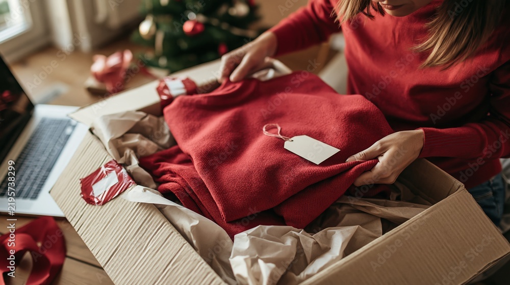 Obraz premium Woman Unboxing Red Christmas Sweater Gift from Online Shopping Box with Festive Decorations