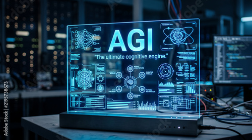 Futuristic Artificial General Intelligence Concept Displaying Neural Network Architectures on Glowing Edge Lit Board