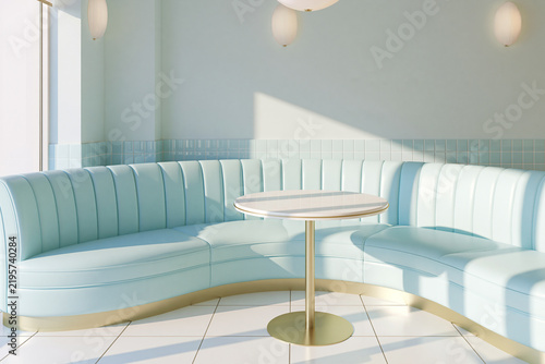 Fairy Korean dessert cafe background with pastel seating and sunlight