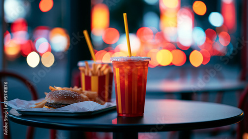 Urban fast food table background with blurred neon street lights 