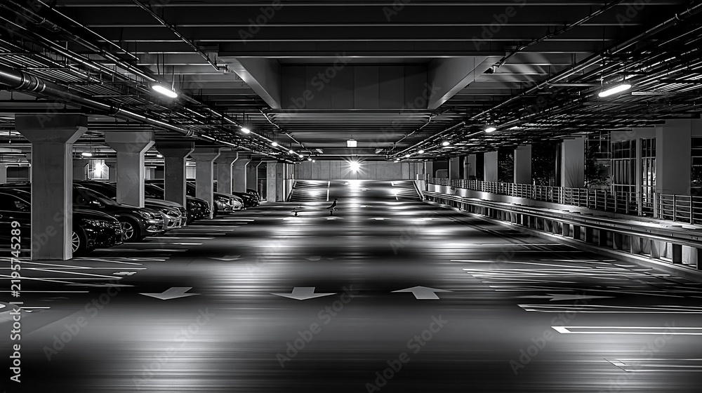 Obraz premium Modern Underground Parking Garage with Rows of Cars Under Bright Artificial Lights