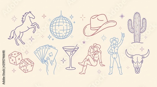 Western themed line art icons with cowboy hat and disco ball on beige background