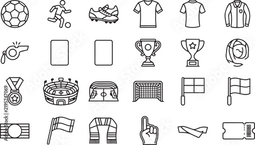 Soccer and football sport outline icon set featuring tournament equipment and fan accessory symbols