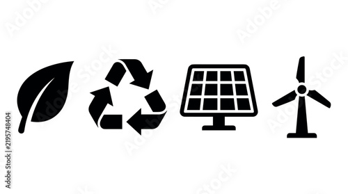 Set of black ecology icons including leaf, recycle symbol, solar panel, and wind turbine. Minimalist vector illustration for environmental, green energy, and sustainability design projects.
