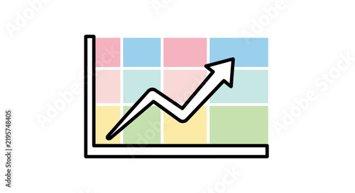 A colorful vector business graph icon with an upward trend arrow. Represents financial success, market growth, and corporate strategy in a clean, professional, and modern flat design style.