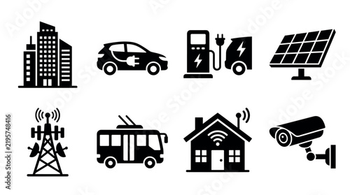 Collection of black vector icons representing smart city, electric vehicle, solar energy, wireless communication, public transport, smart home, and security surveillance technology concepts.