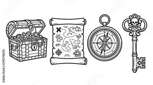 Pirate adventure set featuring a treasure chest, map, compass, and skull key. Hand-drawn vector illustration perfect for gaming designs, educational projects, and nautical themed decorations.
