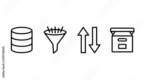 Vector set of black line icons featuring database, funnel, arrows and box. Perfect for web design, business applications, logistics dashboards and data processing user interfaces.