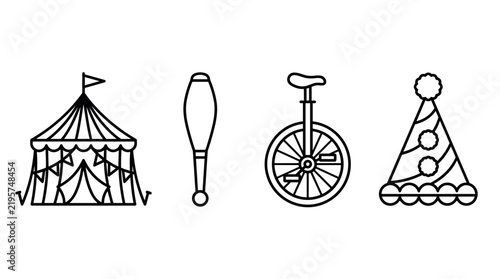 Vector illustration set of circus theme icons featuring a big top tent, juggling club, unicycle, and party hat. Clean line art style, perfect for entertainment and festival design.