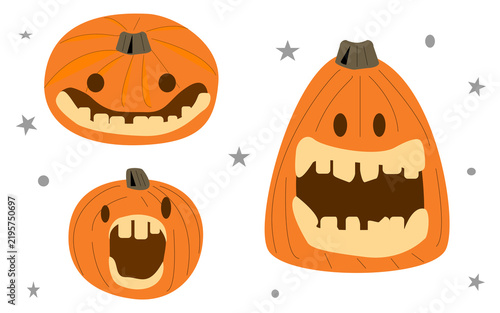 Cute halloween pumpkin jack-o-lantern set with funny facial expressions and stars, vector autumn spooky clipart isolated on transparent background