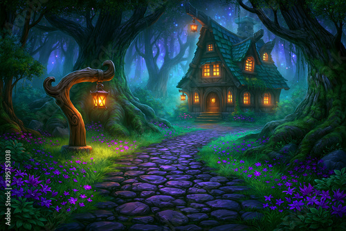 Fantasy forest settlement among giant trees with wooden houses, lanterns and mossy paths