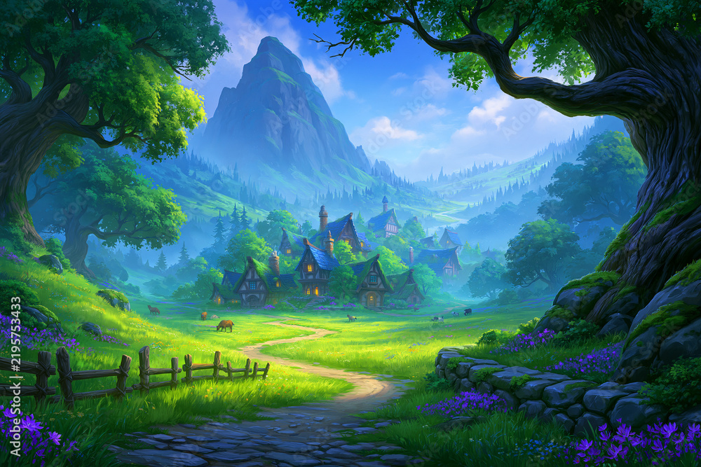 Obraz premium Stylized medieval fantasy town square with fountain, market stalls and timber houses