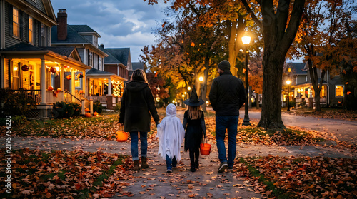 Family in halloween costumes trick or treating on street