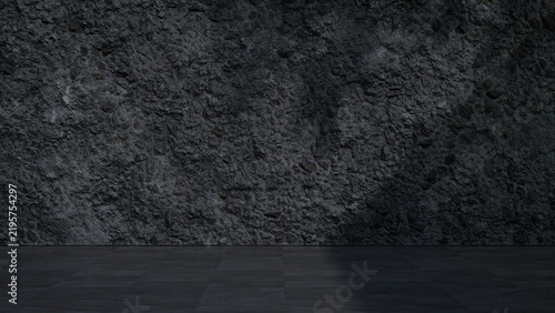 Blank Broken Concrete Wall Exterior with Deep Shade and Tiled Floor. Architecture Concept with copy-space.