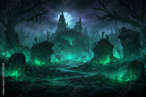 Sinister fantasy necropolis with ruined crypts, skeletal trees and ghostly green fire