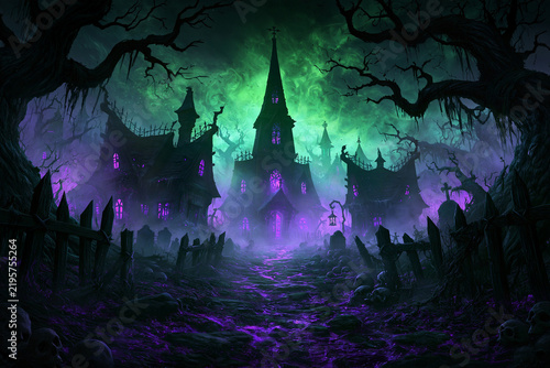 Sinister fantasy necropolis with ruined crypts, skeletal trees and ghostly green fire