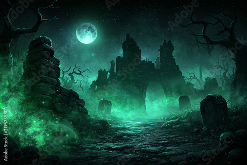 Sinister fantasy necropolis with ruined crypts, skeletal trees and ghostly green fire