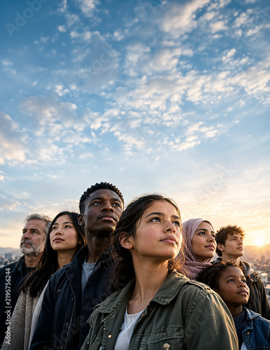 Personas de diferentes razas mirando al horizonte al atardecer, concepto de libertad, igualdad, dignidad, justicia social y futuro. Día Internacional de los Derechos Humanos, 10 de diciembre