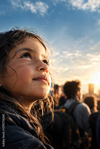 Niña mirando al horizonte entre una multitud al atardecer, concepto de libertad, igualdad, dignidad, justicia social y futuro. Día Internacional de los Derechos Humanos, 10 de diciembre