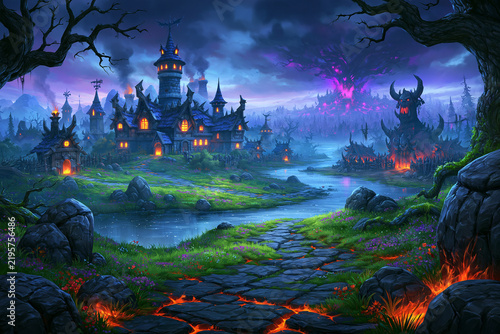 Nostalgic fantasy wallpaper with blue roof village, stone bridge and spacious golden sky