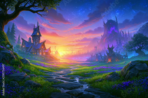 Epic fantasy wallpaper with blue kingdom, tribal outpost, undead wasteland and winding road