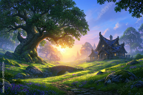 Classic fantasy countryside with rolling hills, giant oak trees and curved roof cottages