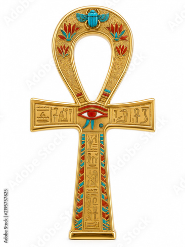 big golden egyptian ankh with turquoise scarab