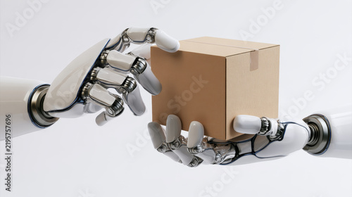 Robotic Hands Holding Cardboard Package Box Isolated on White Background for AI Logistics, Automation and Delivery Concept