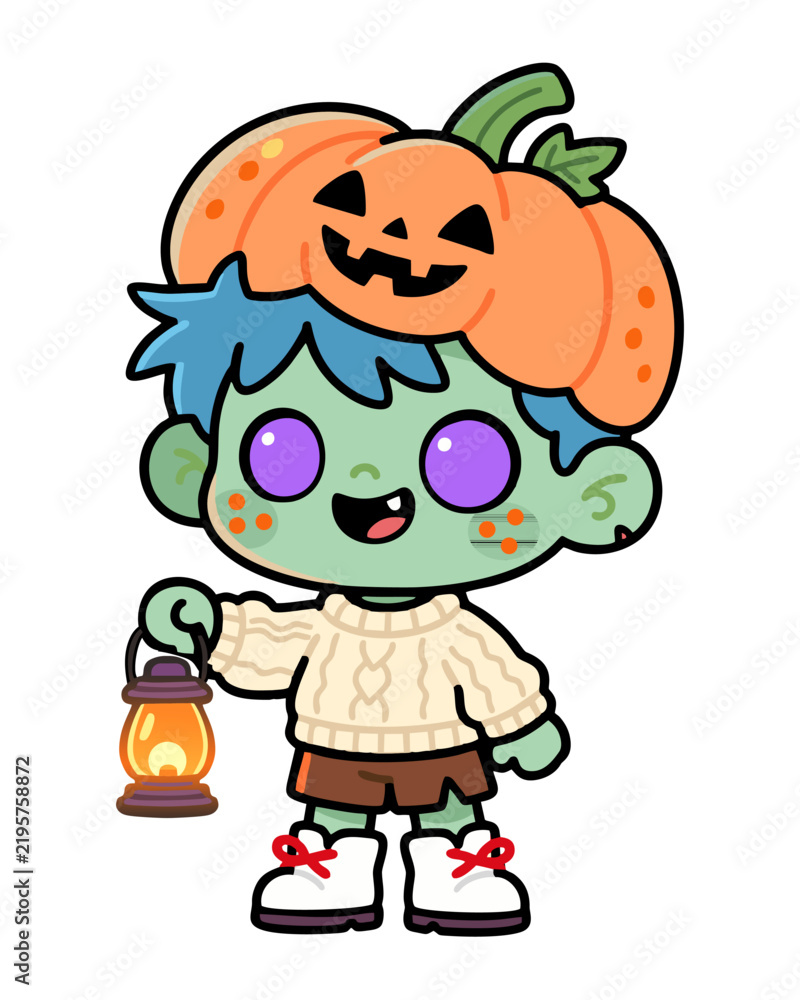 Obraz premium Cute Pumpkin Zombie Boy Halloween Character Illustration