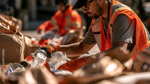 Workers sorting plastic bottles and cardboard for recycling at a facility